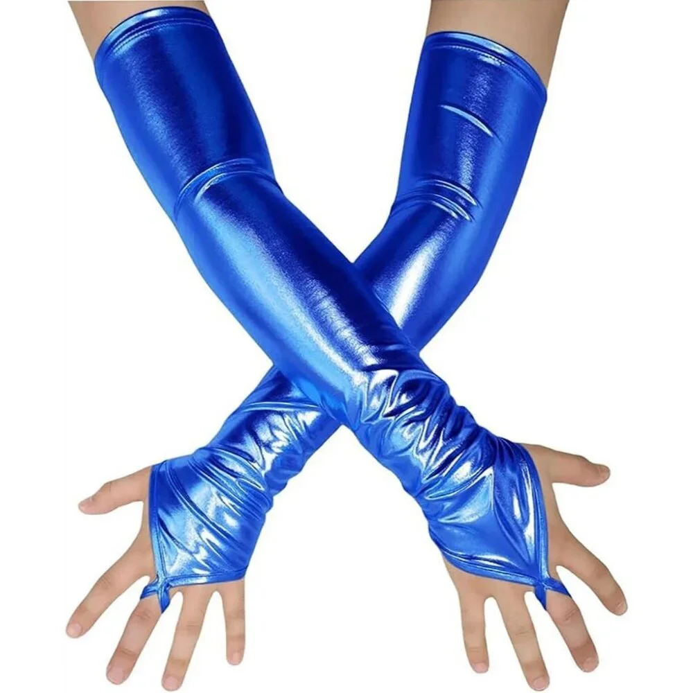 Women's Fingerless Shiny Metallic Spandex Blue Fashion Long Elastic Gloves